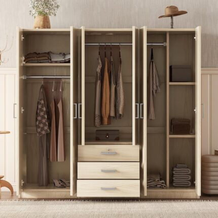 6-Doors Wooden Wardrobe Storage for Bedroom, with Big Drawers, Gray