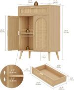 Rattan Buffet Cabinet with Storage, Sideboard with Drawer & Adjustable Shelf, Accent Kitchen Floor Storage Cabinet with 2 Doors & Solid Wood Feet, Coffee Bar for Living Room, Entryway, Natural Oak - Image 2