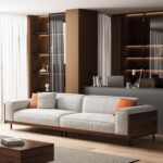 111.81 in. Four-seat Removable Washable Cotton-Linen Fabric mid-Century Modern Sofa, Square arms, with Throw Pillows.