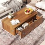 Wooden Coffee Table, 47.2" Rectangle Mid Century Modern Water Ripple Texture Center Table with 2 Drawers, Cocktail Tea Table with Safe Curved Corners for Living Room Home Office, Walnut - Image 2