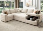 Sectional Couch with Pull Out Bed, Sectional Sleeper Sofa with Storage, U Shape Couches for Living Room, Velvet Beige
