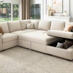 Sectional Couch with Pull Out Bed, Sectional Sleeper Sofa with Storage, U Shape Couches for Living Room, Velvet Beige