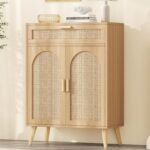Rattan Buffet Cabinet with Storage, Sideboard with Drawer & Adjustable Shelf, Accent Kitchen Floor Storage Cabinet with 2 Doors & Solid Wood Feet, Coffee Bar for Living Room, Entryway, Natural Oak